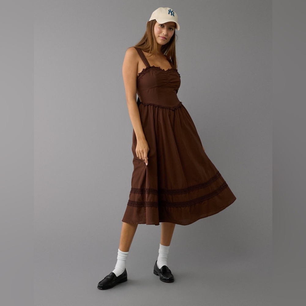 American Eagle Brown Corset V-Waist Midi Dress - Size Small
